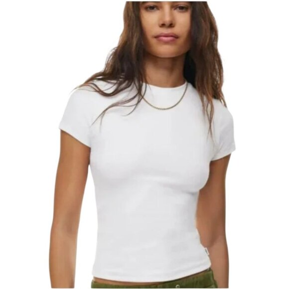Aritzia TNA Tee Women XS White Ribbed‎ Knit Crew Neck Short Sleeve Baby Tee Crop - Picture 1 of 13
